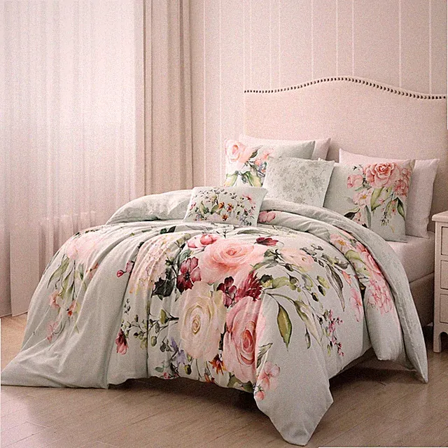 Bebejan Rose on Misty Green 100% Cotton Sateen 5 Piece Reversible Comforter Set