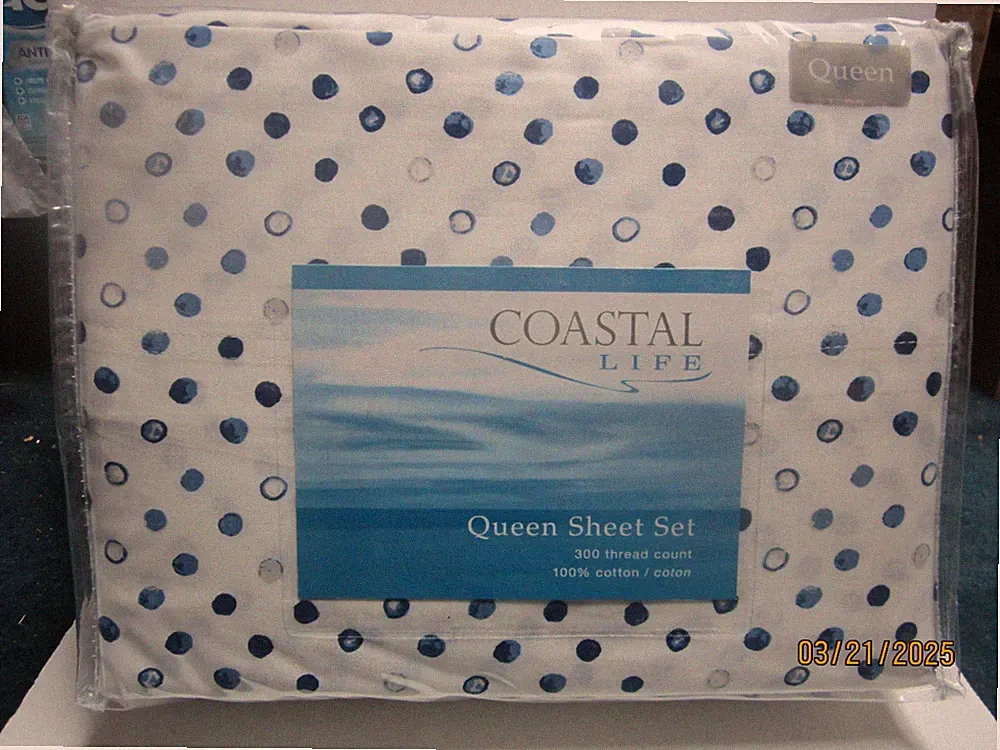 Coastal Life Blue/White Pattern Queen Sheet Set 200 Thread Count 100% Cotton
