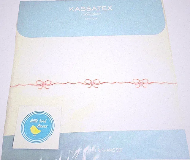 Kassatex King Duvet Cover (+2 Shams) Set Cotton White Pink Bows New
