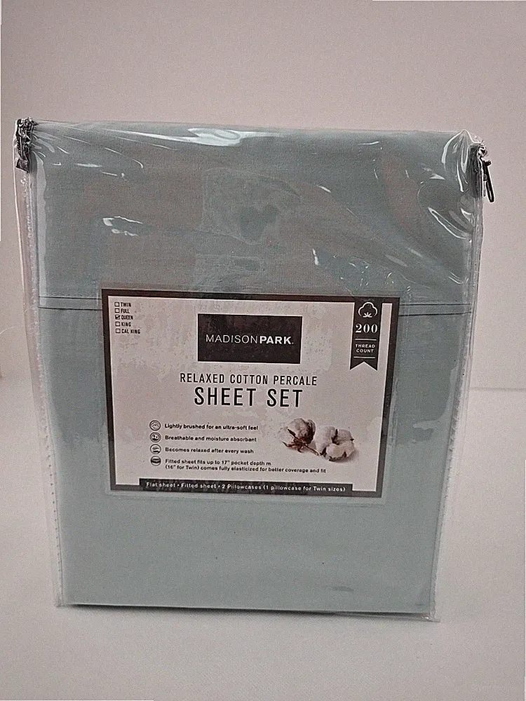 Madison Park Sheet Set Queen 200-Thread Count Cotton Solid Color Aqua (4-Piece)