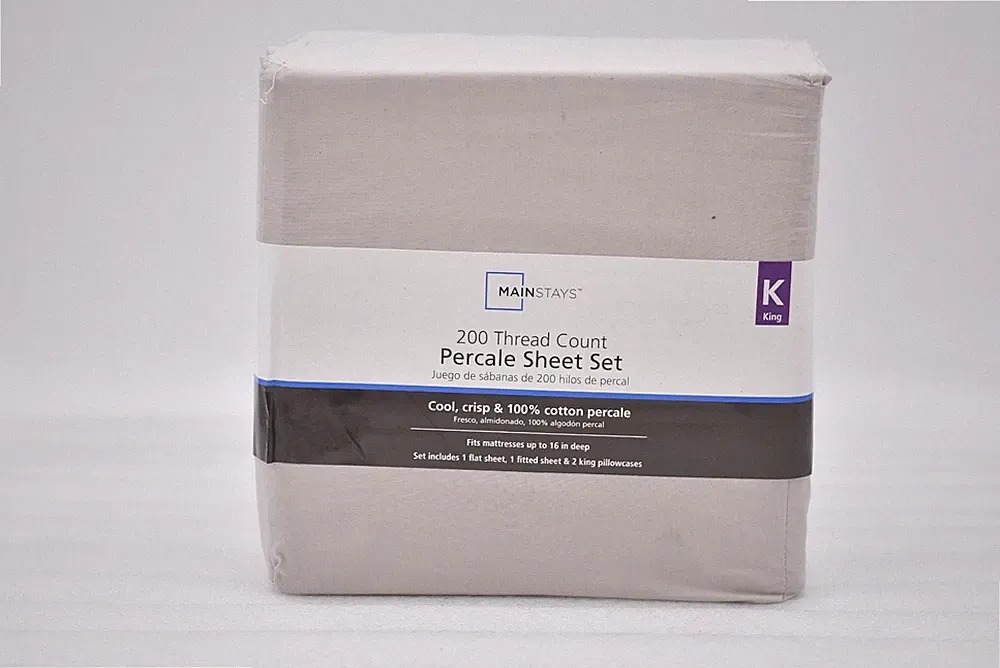 Mainstays 200 Thread Count 4 Piece Percale Sheet Set in Grey Pumice, King