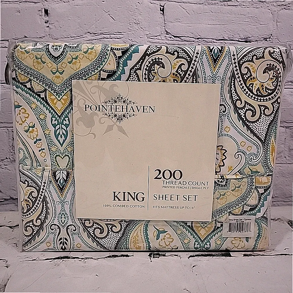 Pointehaven King Sheet Set 100% Combed Cotton 200 Thread Count Cypress NWT
